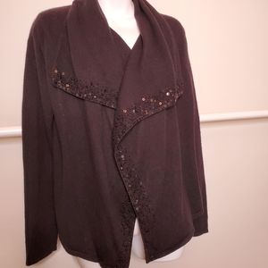 Kinross Cashmere cardigan.  Classic drape front with beading and sequins.
